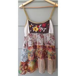 Y2K Awake Mix media Tiered Embroidered Semi sheer Crochet Lace Tank Top Floral M